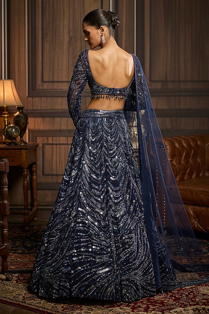 Midnight Blue Tulle Embellished Bridal Lehenga Set by DiyaRajvvir at Pernia's Pop Up Shop