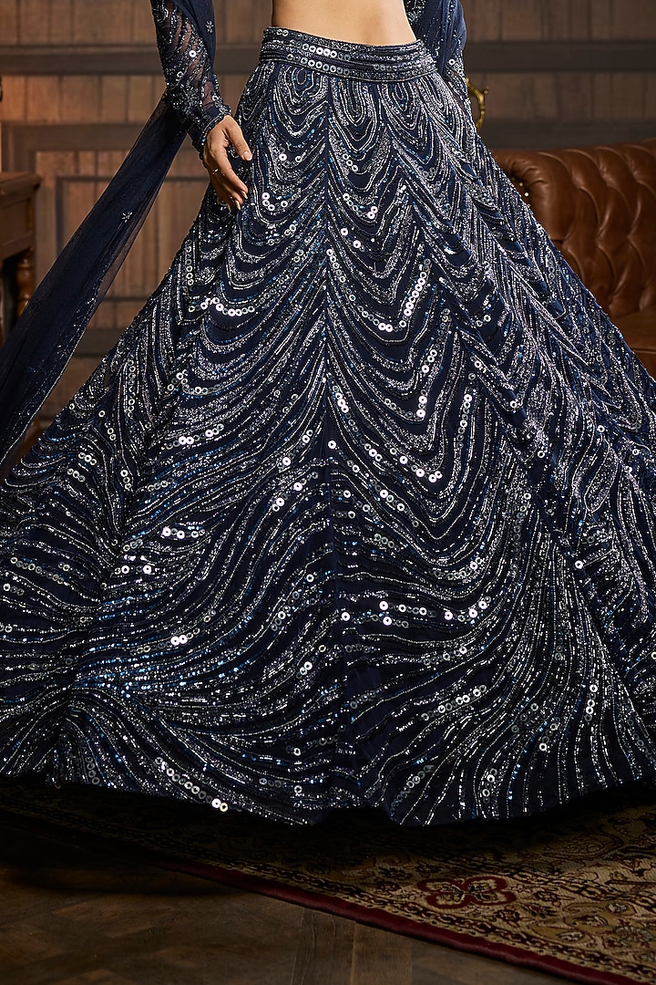 Midnight Blue Tulle Embellished Bridal Lehenga Set by DiyaRajvvir at Pernia's Pop Up Shop