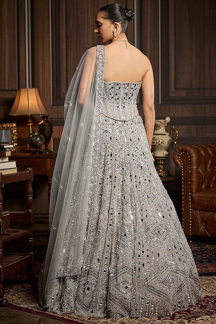 Silver Tulle Mirror Embellished Bridal Lehenga Set by DiyaRajvvir at Pernia's Pop Up Shop