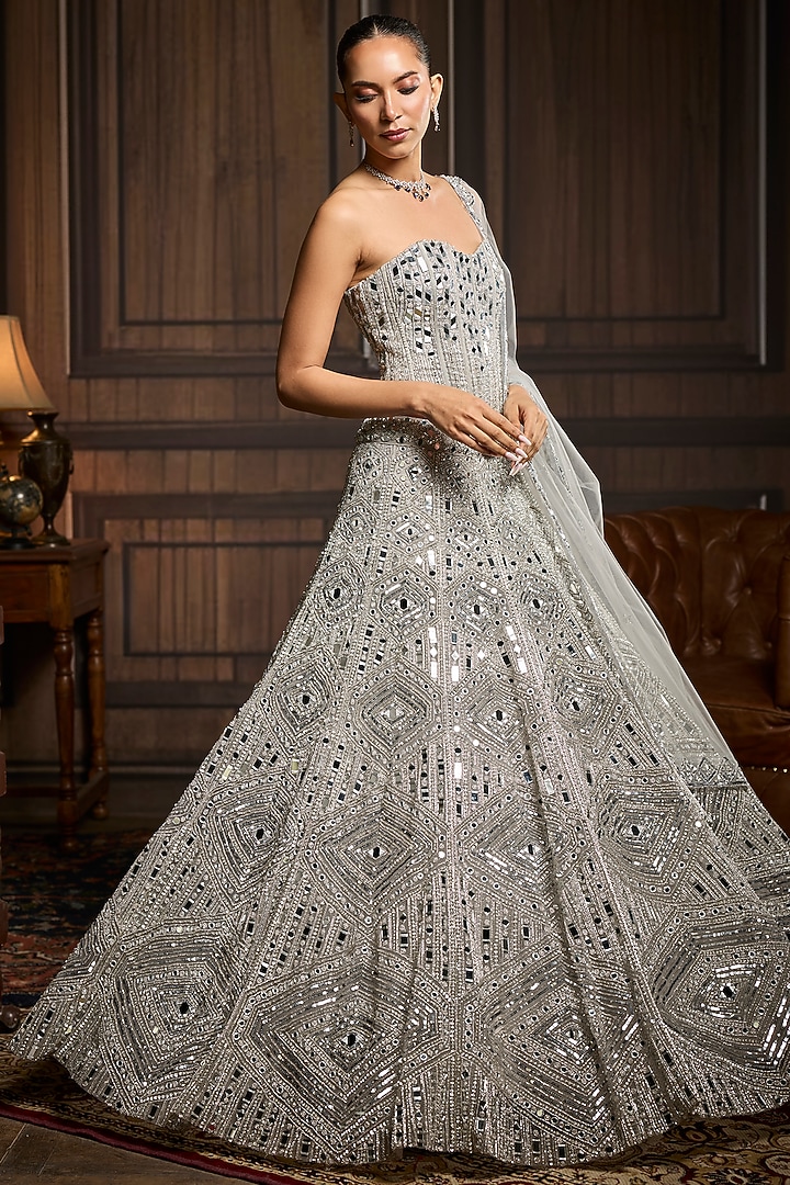 Silver Tulle Mirror Embellished Bridal Lehenga Set by DiyaRajvvir at Pernia's Pop Up Shop