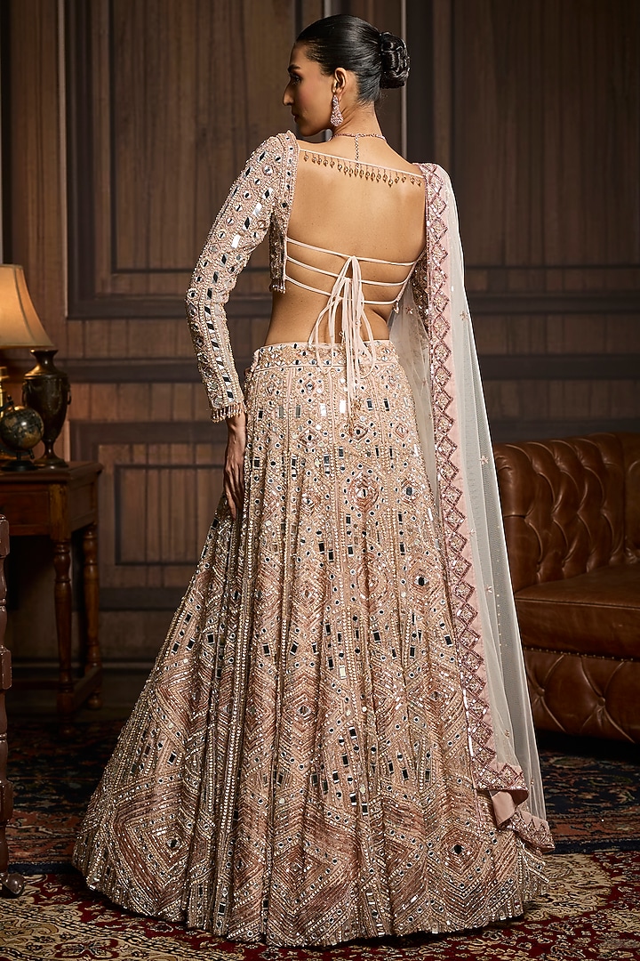 Blush Pink Tulle Mirror Embellished Bridal Lehenga Set by DiyaRajvvir at Pernia's Pop Up Shop