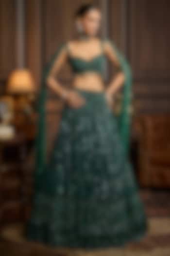 Emerald Green Tulle Embellished Bridal Lehenga Set by DiyaRajvvir at Pernia's Pop Up Shop