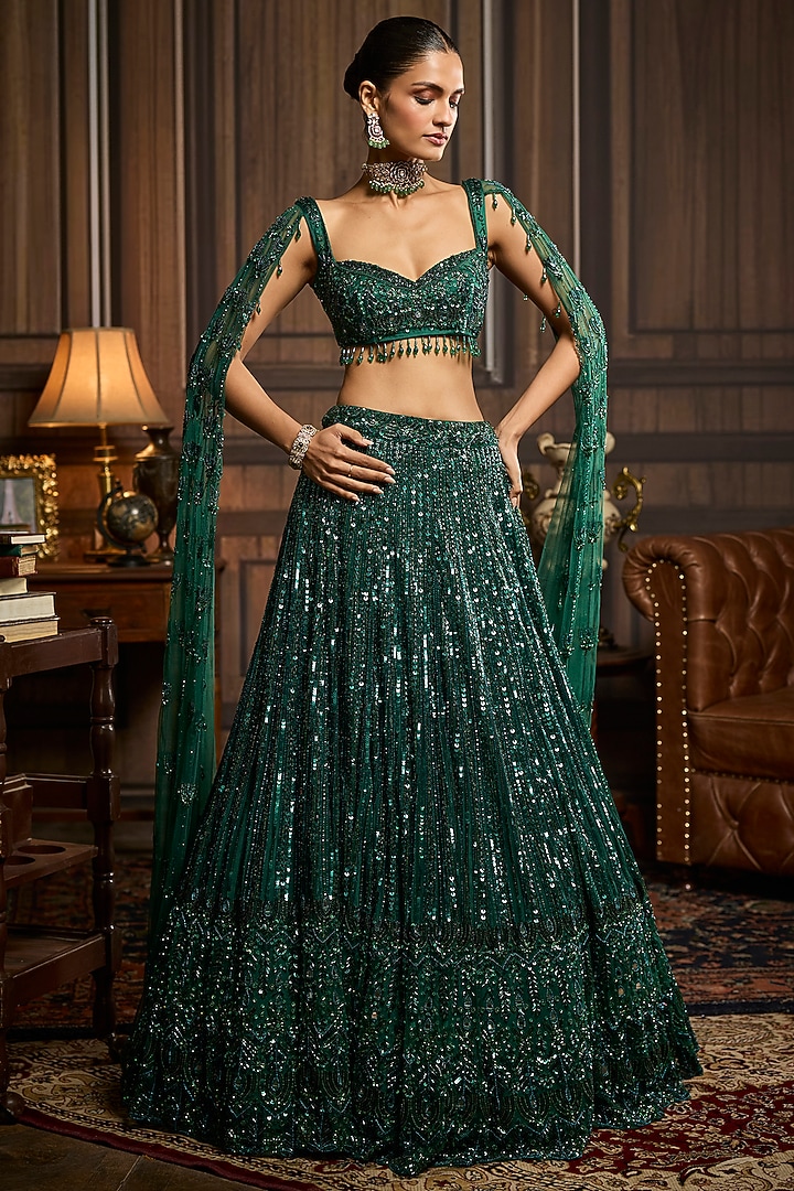 Emerald Green Tulle Embellished Bridal Lehenga Set by DiyaRajvvir at Pernia's Pop Up Shop