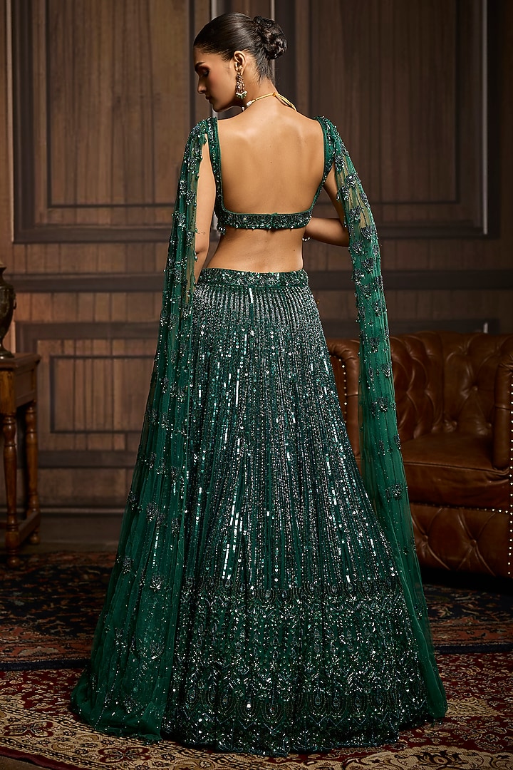 Emerald Green Tulle Embellished Bridal Lehenga Set by DiyaRajvvir at Pernia's Pop Up Shop