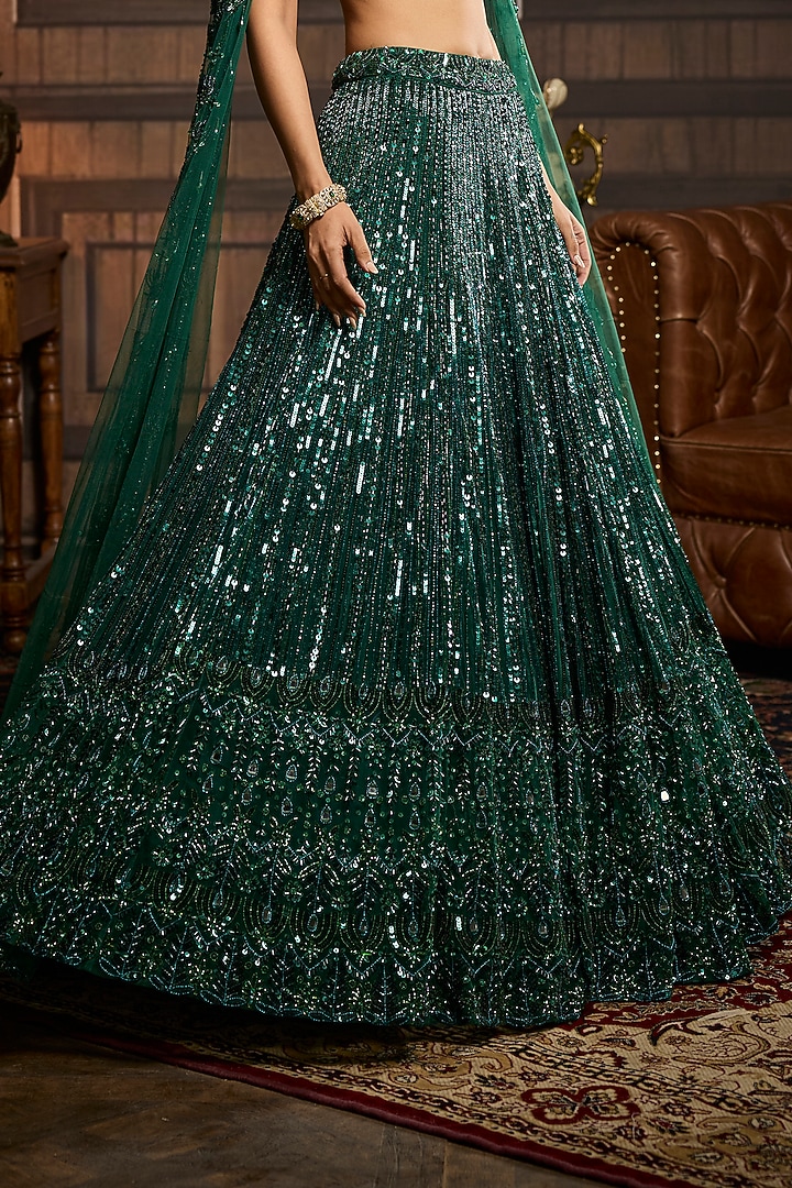 Emerald Green Tulle Embellished Bridal Lehenga Set by DiyaRajvvir at Pernia's Pop Up Shop