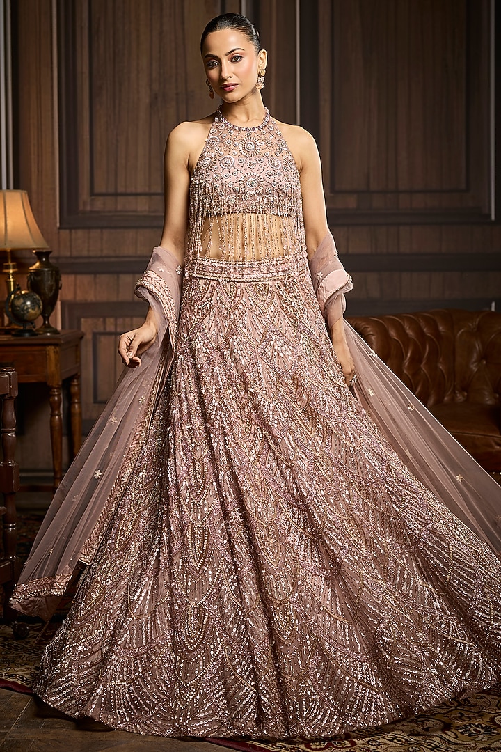 Blush Pink Tulle Embellished Bridal Lehenga Set by DiyaRajvvir at Pernia's Pop Up Shop