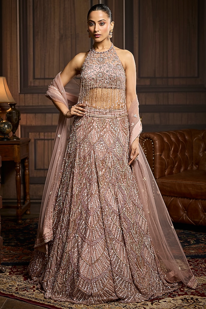 Blush Pink Tulle Embellished Bridal Lehenga Set by DiyaRajvvir at Pernia's Pop Up Shop