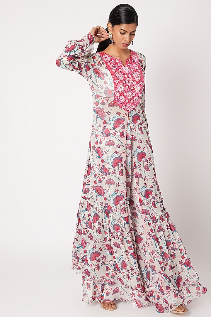 Pink Printed & Embroidered Kurta With Sharara Pants by DiyaRajvvir at Pernia's Pop Up Shop