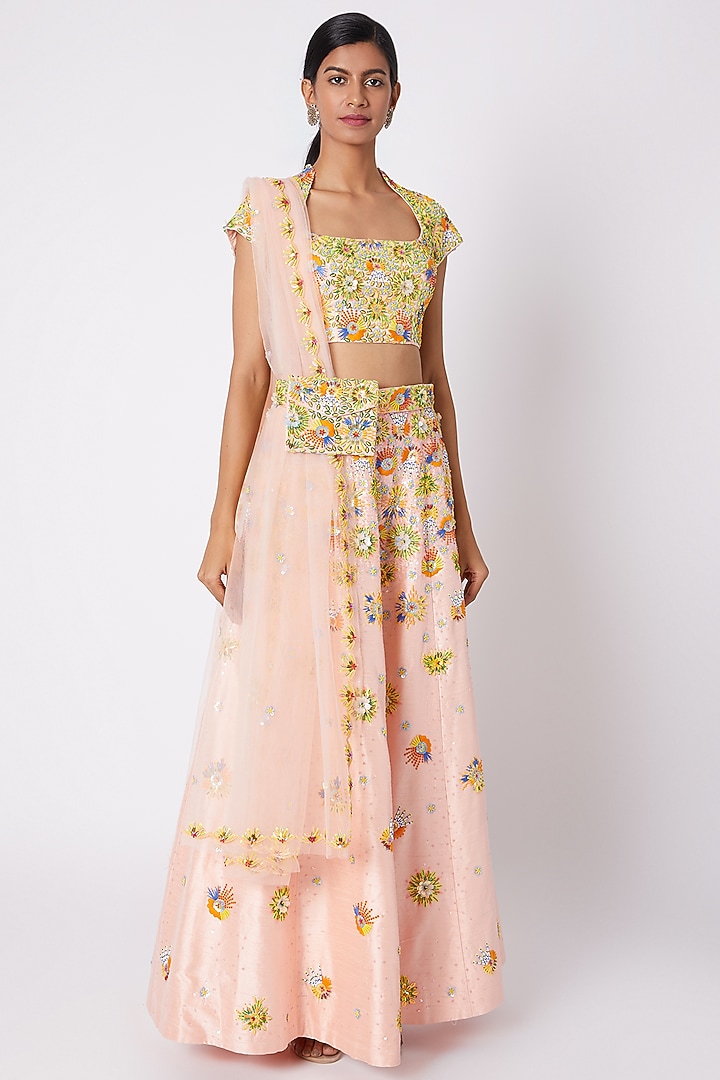 Peach Art Georgette Zardosi Embroidered Wedding Lehenga Set by DiyaRajvvir at Pernia's Pop Up Shop