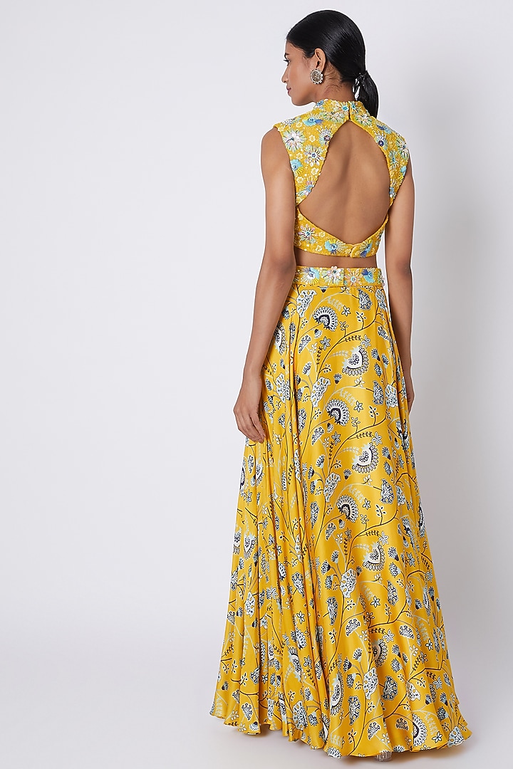 Yellow Modal Satin Embroidered & Printed Wedding Lehenga Set by DiyaRajvvir at Pernia's Pop Up Shop