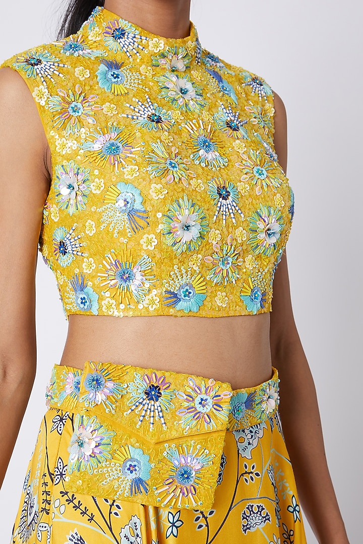 Yellow Modal Satin Embroidered & Printed Wedding Lehenga Set by DiyaRajvvir at Pernia's Pop Up Shop