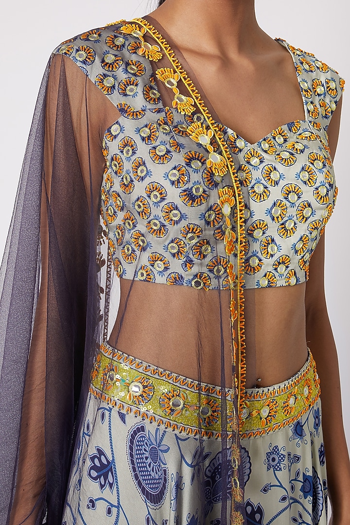 Blue Modal Satin Printed & Embroidered Wedding Lehenga Set by DiyaRajvvir at Pernia's Pop Up Shop