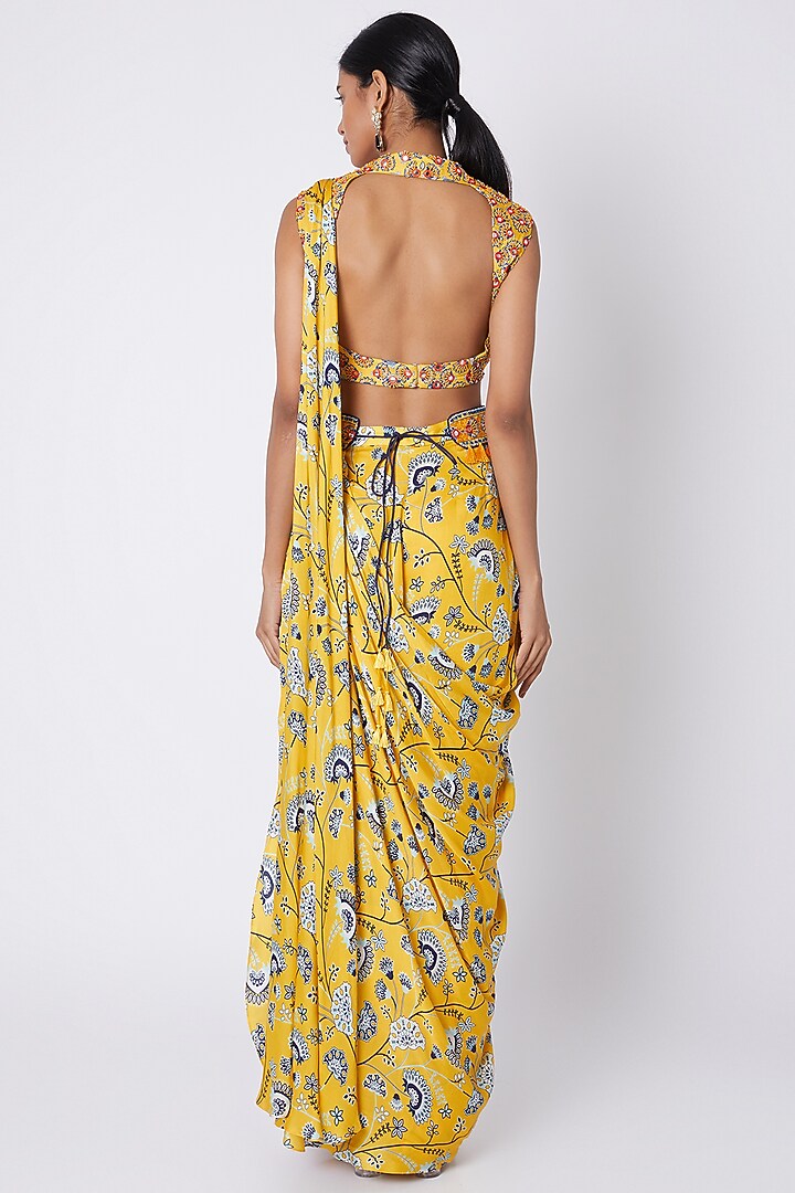 Yellow Modal Satin Jaal Printed Pant Wedding Saree Set by DiyaRajvvir at Pernia's Pop Up Shop