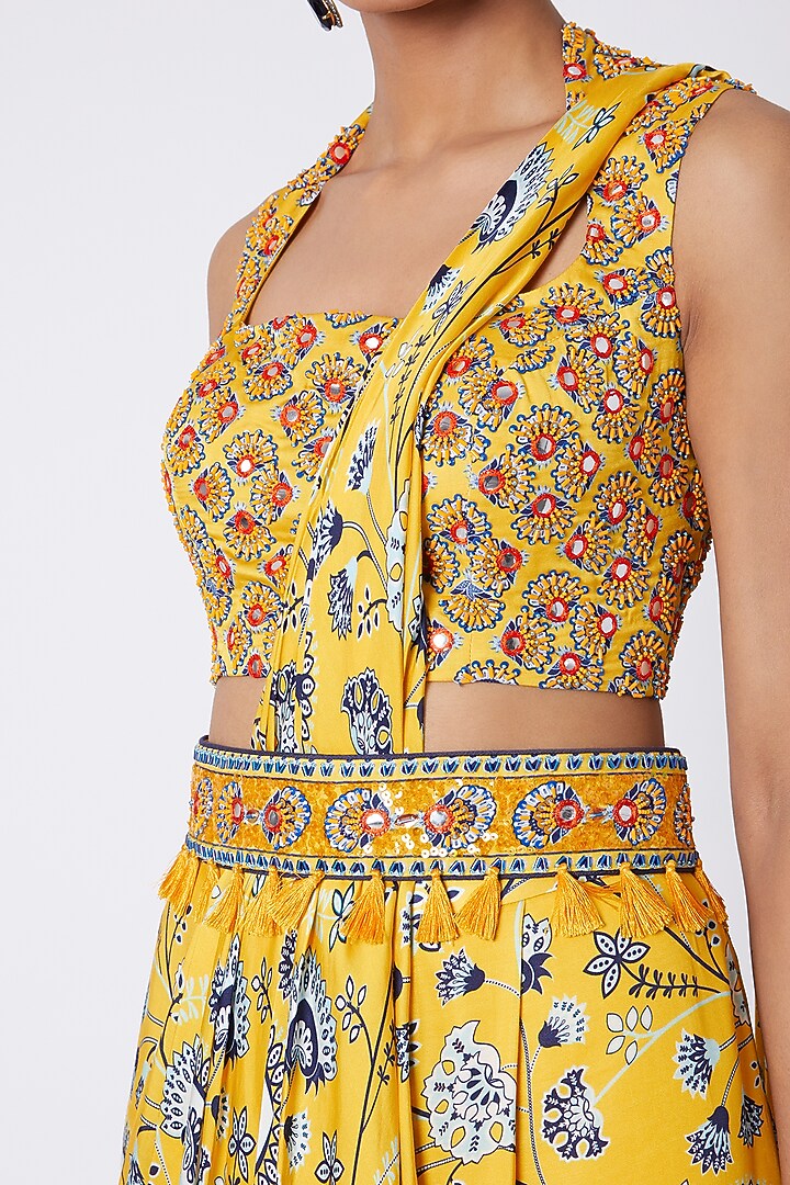 Yellow Modal Satin Jaal Printed Pant Wedding Saree Set by DiyaRajvvir at Pernia's Pop Up Shop
