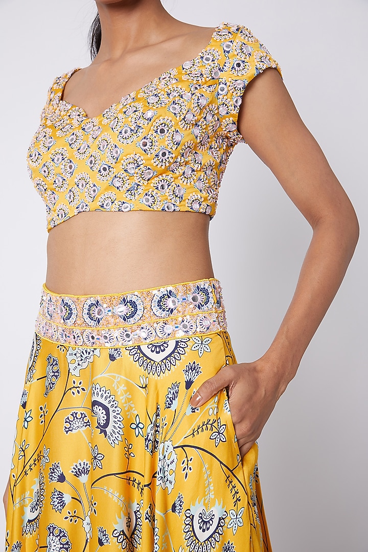 Yellow Modal Satin Printed & Embroidered Wedding Lehenga Set by DiyaRajvvir at Pernia's Pop Up Shop