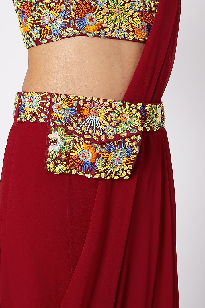 Red Cotton Silk & Art Georgette Zardosi Embroidered Sharara Pant Wedding Saree Set by DiyaRajvvir at Pernia's Pop Up Shop