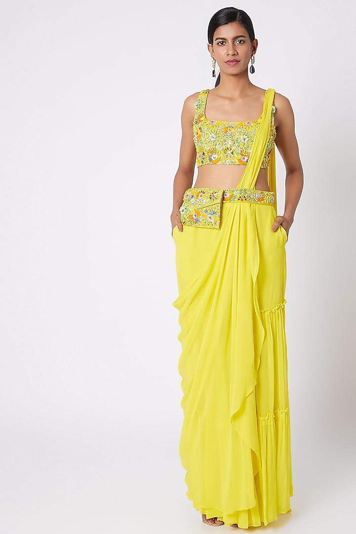 Yellow Embroidered Saree Set With Bag Belt by DiyaRajvvir