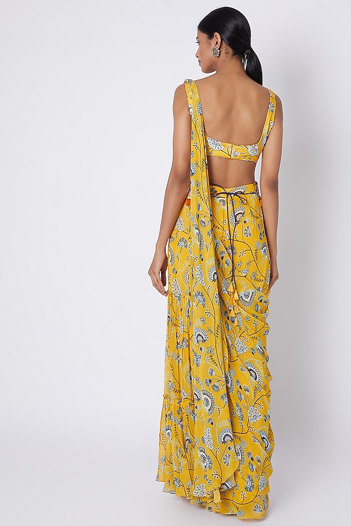 Yellow Modal & Georgette Printed Pant Wedding Saree Set by DiyaRajvvir at Pernia's Pop Up Shop