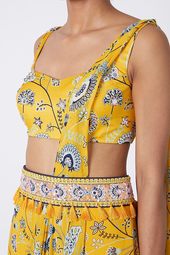 Yellow Modal & Georgette Printed Pant Wedding Saree Set by DiyaRajvvir at Pernia's Pop Up Shop