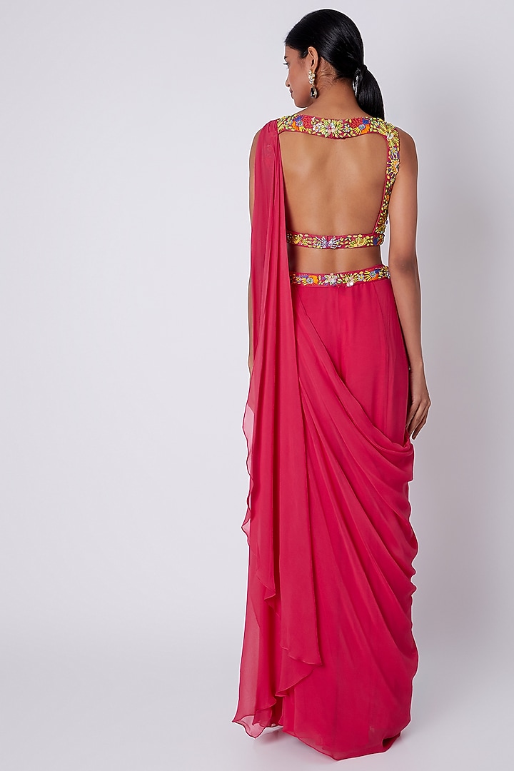 Hot Pink Embroidered Pant Wedding Saree Set by DiyaRajvvir at Pernia's Pop Up Shop