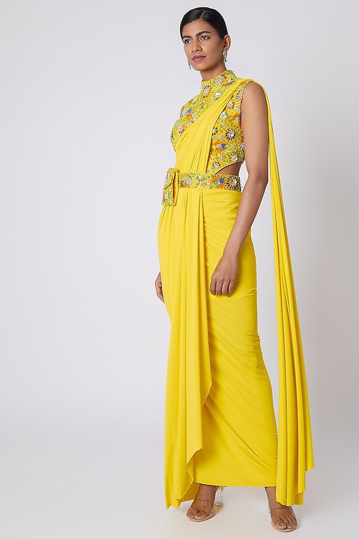 Yellow Embroidered Pre-Stitched Saree With Bag Belt Design by ...