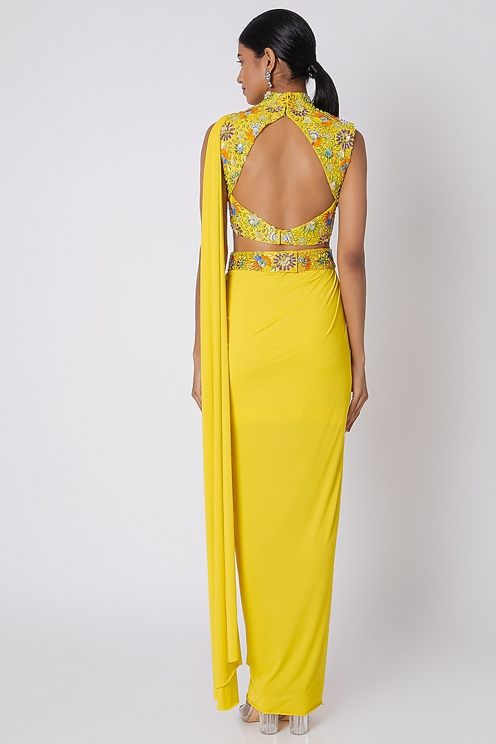 Yellow Cotton Maska Embroidered Pre-Stitched Wedding Saree With Bag Belt by DiyaRajvvir at Pernia's Pop Up Shop