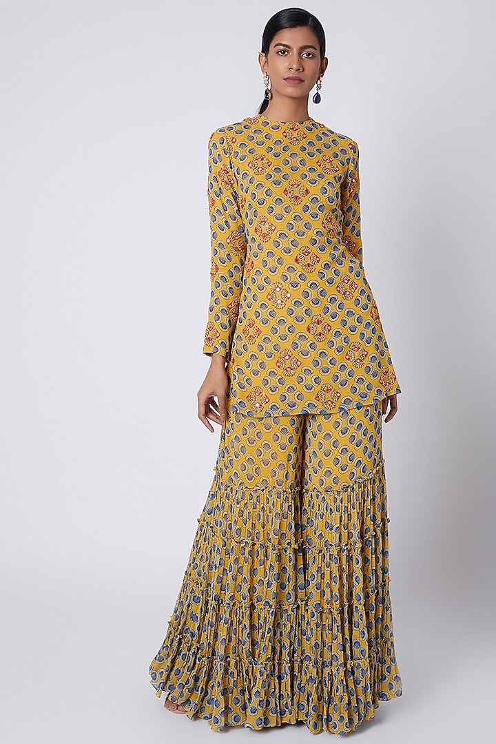 Yellow Printed & Embroidered Kurta With Sharara Pants by DiyaRajvvir