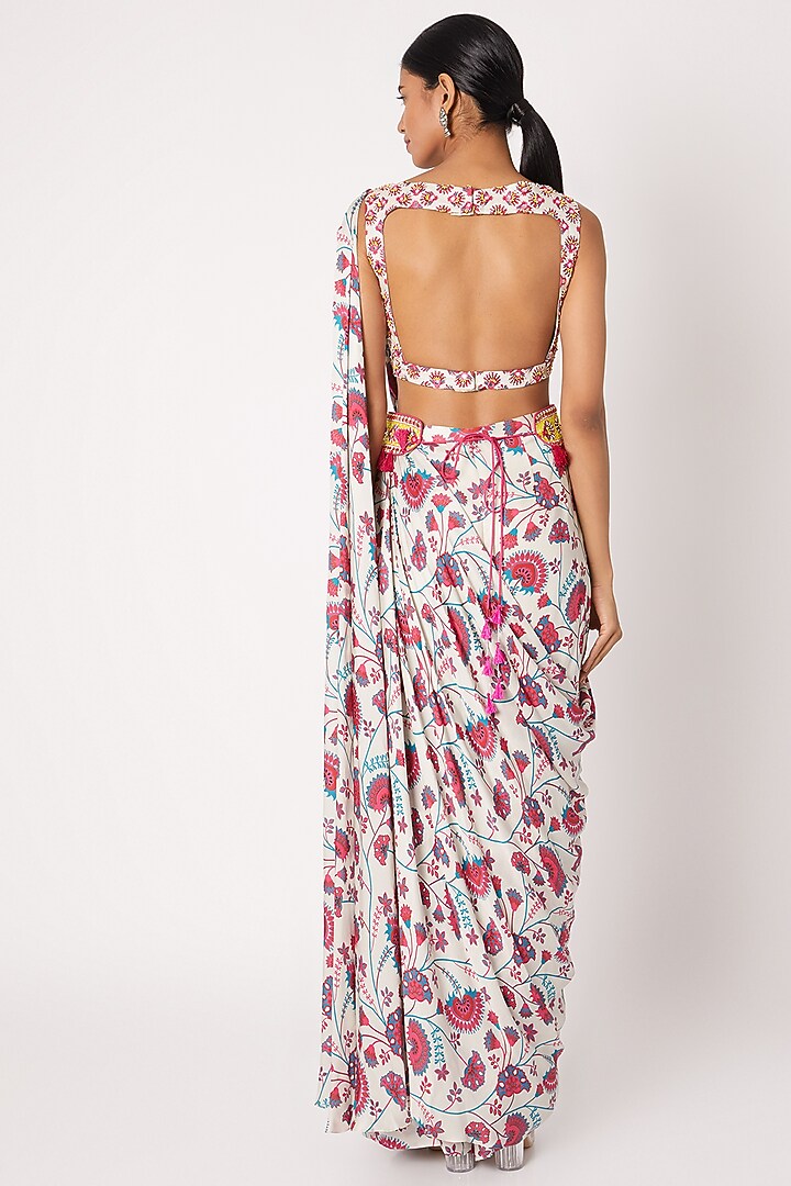 Pink Printed & Embroidered Pant Wedding Saree Set by DiyaRajvvir at Pernia's Pop Up Shop