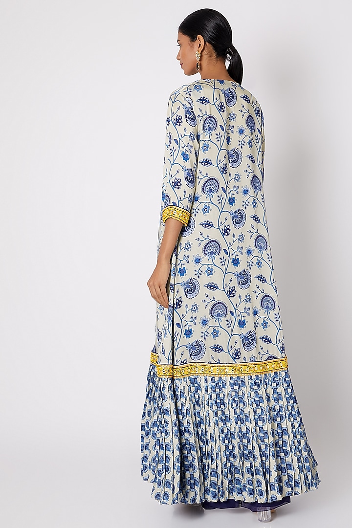 Blue Printed Jacket With Embroidered Blouse & Wedding Sharara Pants by DiyaRajvvir at Pernia's Pop Up Shop