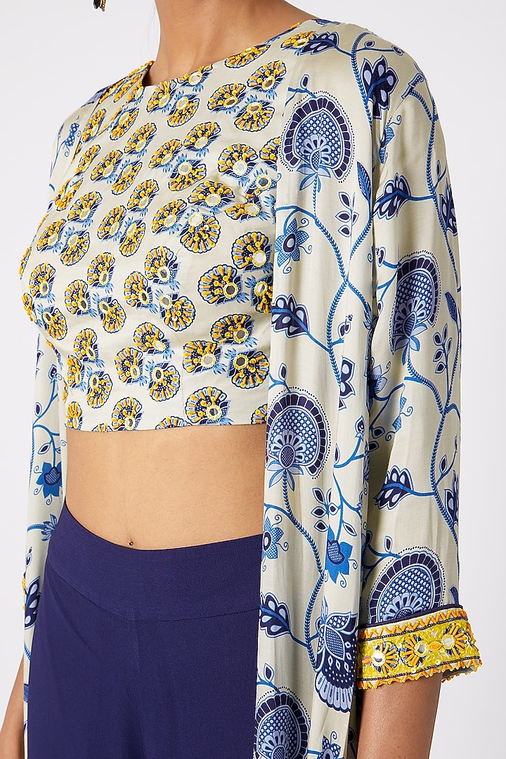Blue Printed Jacket With Embroidered Blouse & Wedding Sharara Pants by DiyaRajvvir at Pernia's Pop Up Shop