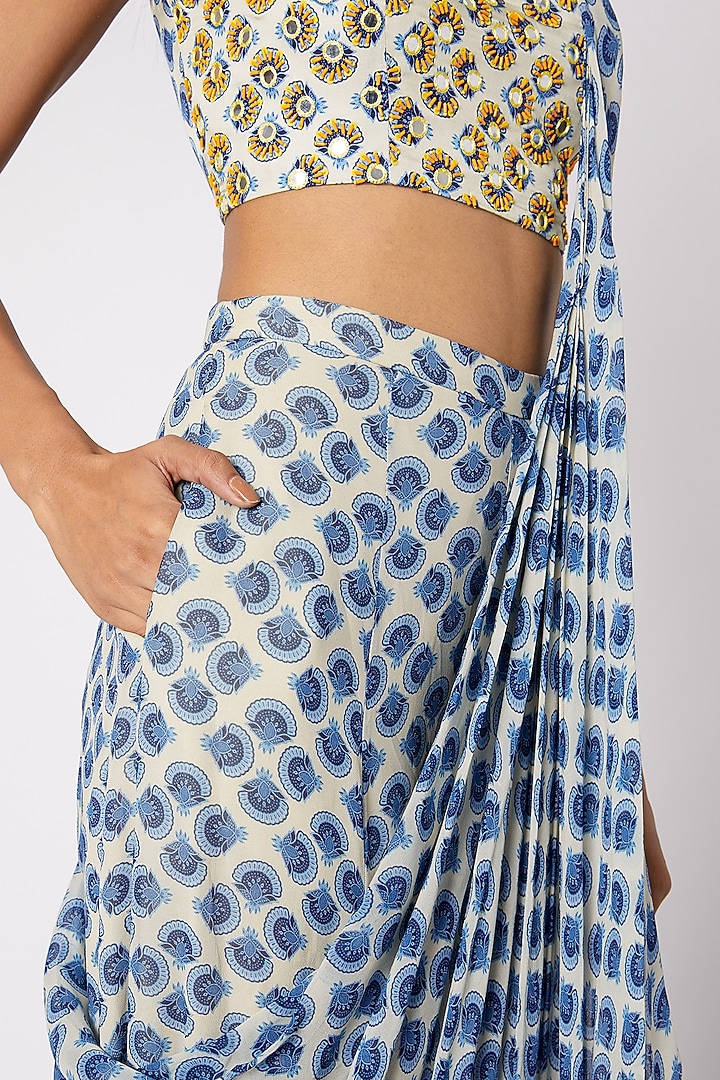 Blue Modal Satin Butta Printed & Aari Embroidered Sharara Pant Wedding Saree Set by DiyaRajvvir at Pernia's Pop Up Shop