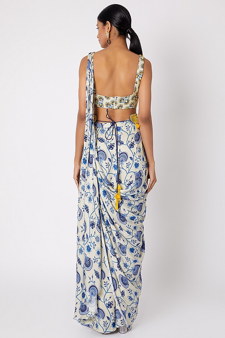 Blue Modal Satin Butta Printed & Aari Embroidered Sharara Pant Wedding Saree Set by DiyaRajvvir at Pernia's Pop Up Shop