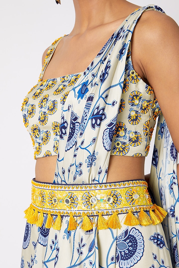 Blue Modal Satin Butta Printed & Aari Embroidered Sharara Pant Wedding Saree Set by DiyaRajvvir at Pernia's Pop Up Shop