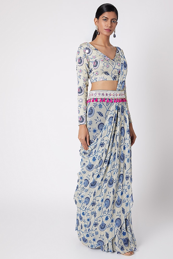 Blue Modal Satin Jaal Printed & Aari Embroidered Pant Saree Set by DiyaRajvvir