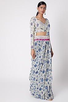 Blue Printed & Embroidered Pant Saree Set Design by DiyaRajvvir at ...