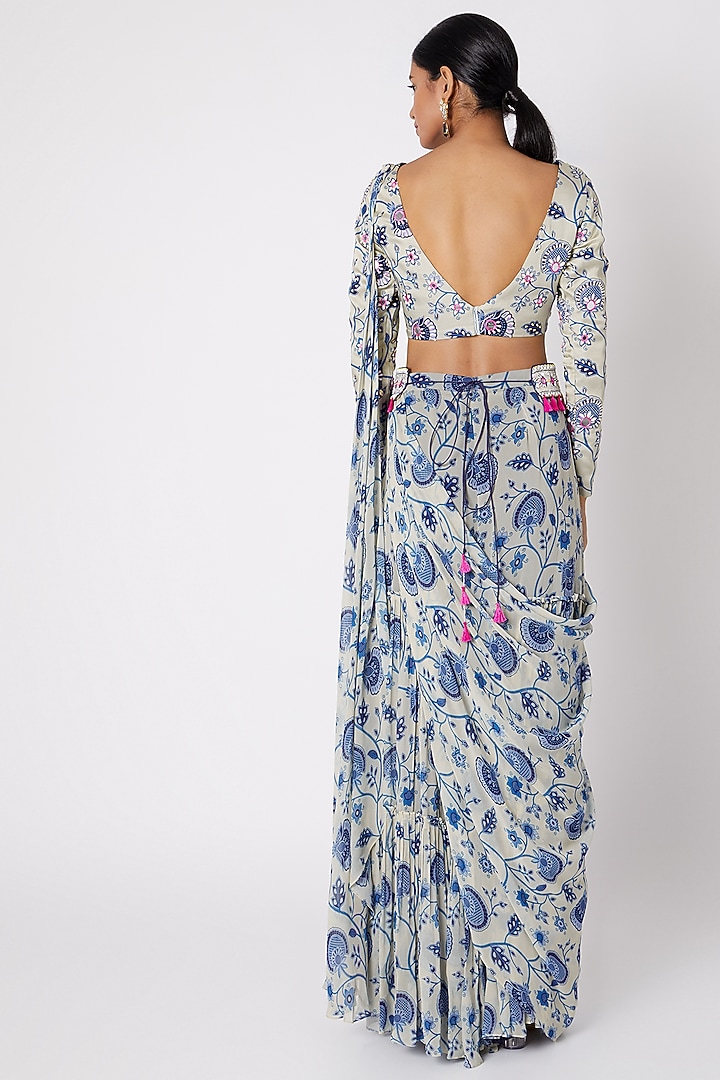 Blue Modal Satin Jaal Printed & Aari Embroidered Pant Wedding Saree Set by DiyaRajvvir at Pernia's Pop Up Shop