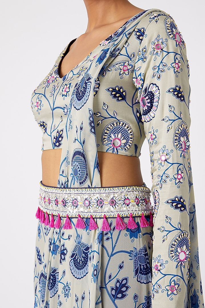 Blue Modal Satin Jaal Printed & Aari Embroidered Pant Wedding Saree Set by DiyaRajvvir at Pernia's Pop Up Shop