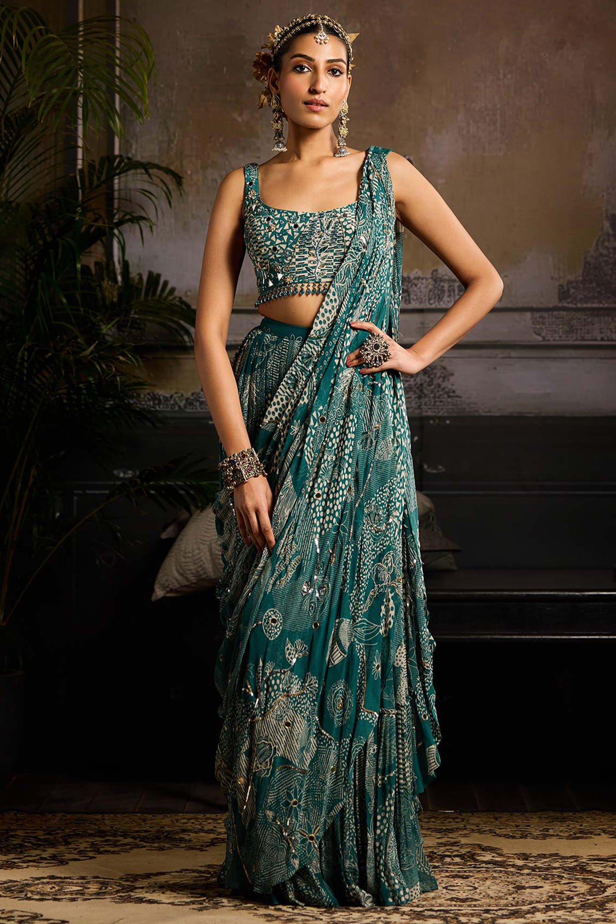 Teal Crepe & Georgette Abstract Jaal Printed Skirt Wedding Saree Set by DiyaRajvvir at Pernia's Pop Up Shop