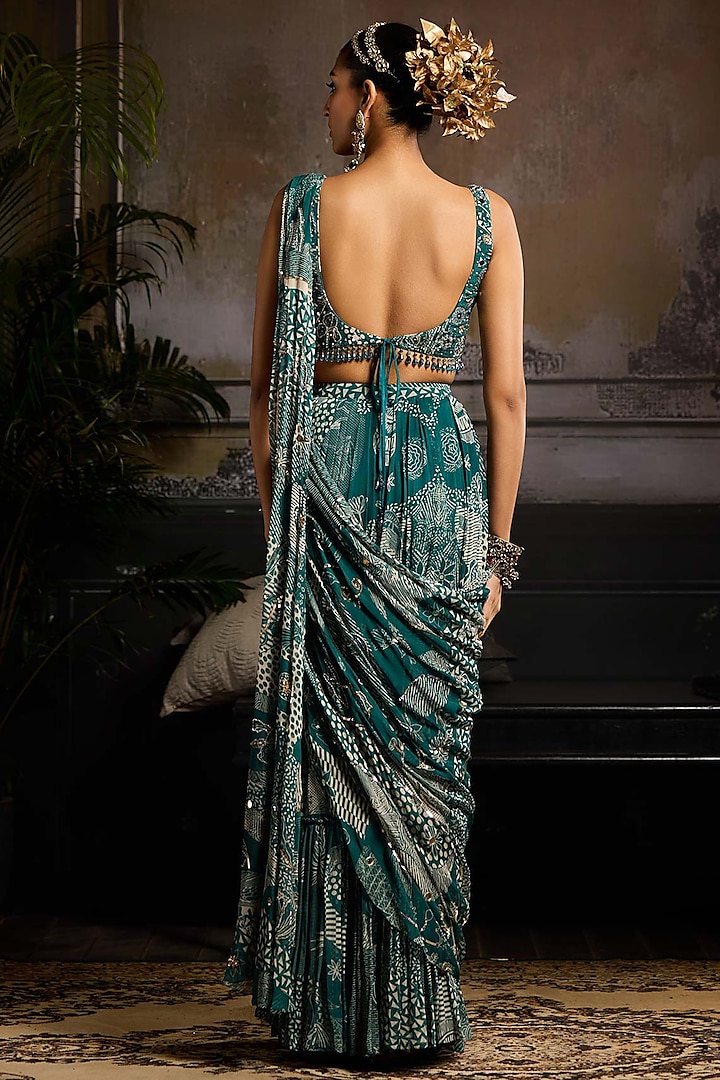 Teal Crepe & Georgette Abstract Jaal Printed Skirt Wedding Saree Set by DiyaRajvvir at Pernia's Pop Up Shop