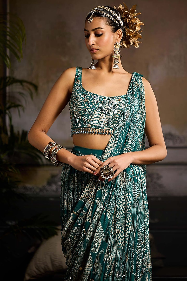 Teal Crepe & Georgette Abstract Jaal Printed Skirt Wedding Saree Set by DiyaRajvvir at Pernia's Pop Up Shop