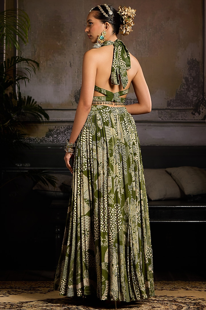 Sage Green Georgette Abstract Jaal Printed Skirt Set by DiyaRajvvir at Pernia's Pop Up Shop