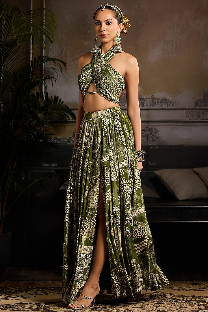 Sage Green Georgette Abstract Jaal Printed Skirt Set by DiyaRajvvir at Pernia's Pop Up Shop