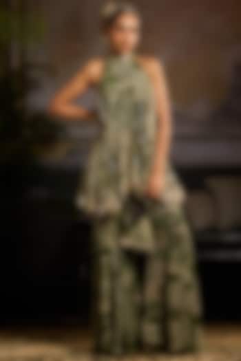 Sage Green Crepe & Georgette Abstract Jaal Printed Peplum Kurta Set by DiyaRajvvir at Pernia's Pop Up Shop