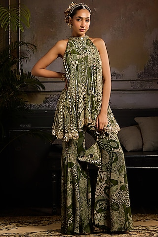Sage Green Crepe & Georgette Abstract Jaal Printed Peplum Kurta Set by DiyaRajvvir