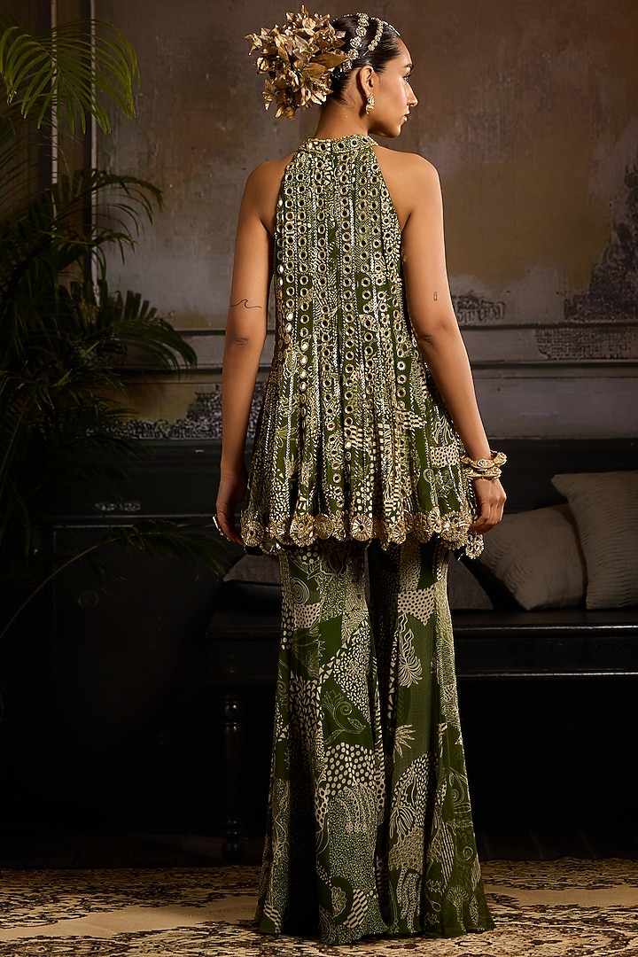 Sage Green Crepe & Georgette Abstract Jaal Printed Peplum Kurta Set by DiyaRajvvir at Pernia's Pop Up Shop