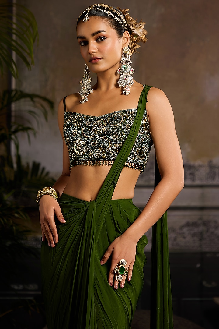 Sage Green Georgette & Tulle Pre-Draped Skirt Wedding Saree Set by DiyaRajvvir at Pernia's Pop Up Shop