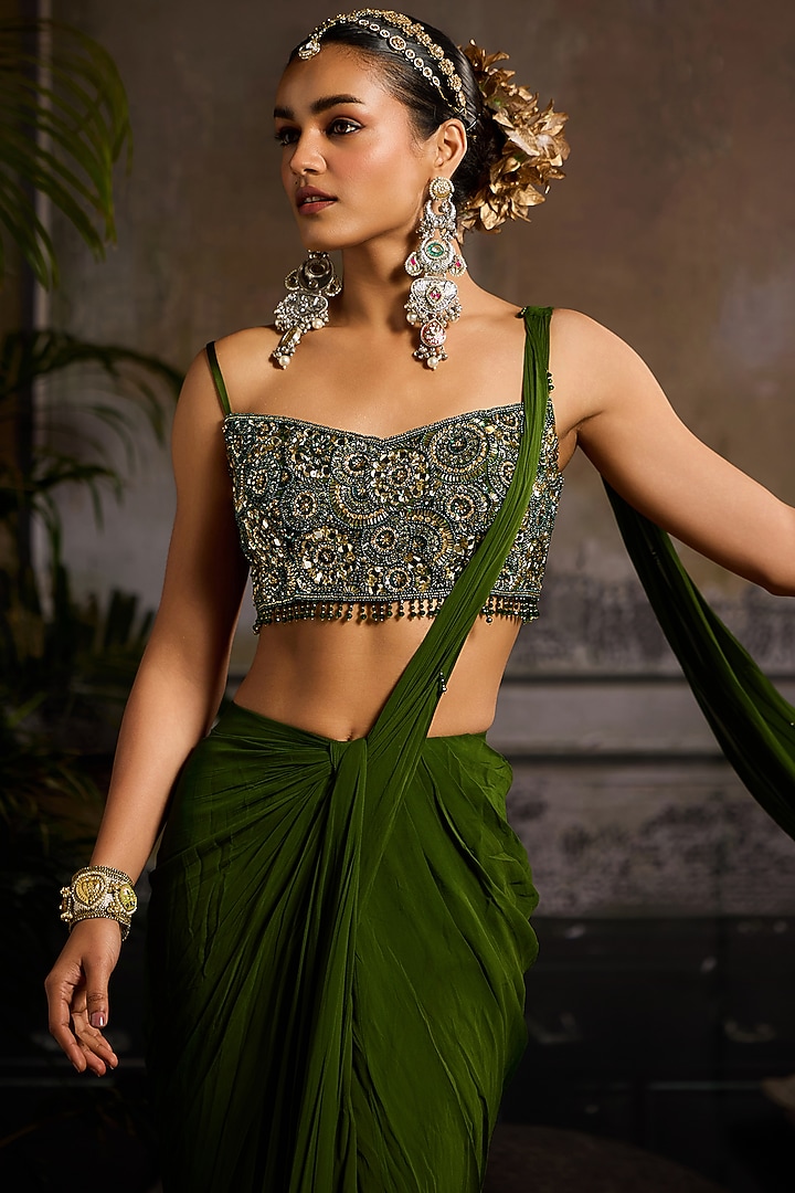 Sage Green Georgette & Tulle Pre-Draped Skirt Wedding Saree Set by DiyaRajvvir at Pernia's Pop Up Shop