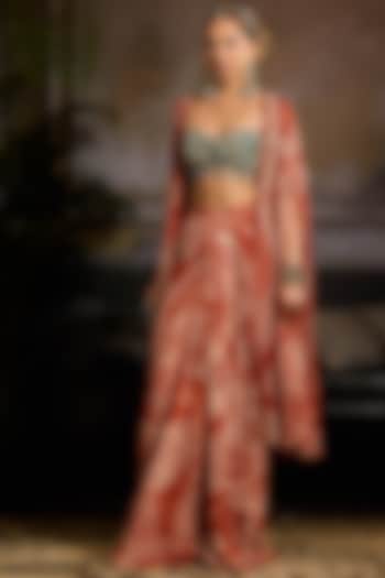 Rust Crepe & Georgette Abstract Jaal Printed Cape Set by DiyaRajvvir at Pernia's Pop Up Shop