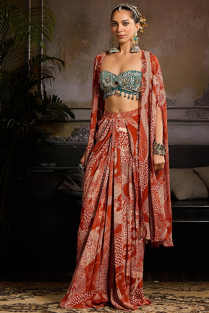 Rust Crepe & Georgette Abstract Jaal Printed Cape Set by DiyaRajvvir at Pernia's Pop Up Shop