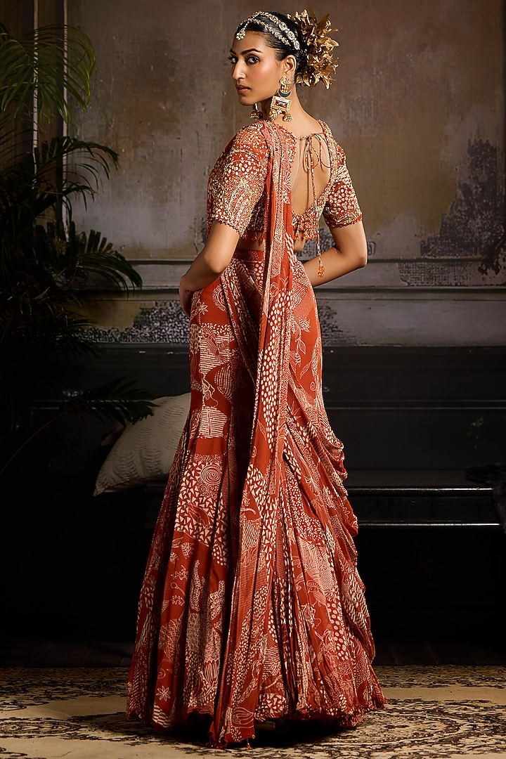 Rust Georgette & Crepe Jaal Printed Mermaid Skirt Wedding Saree Set by DiyaRajvvir at Pernia's Pop Up Shop